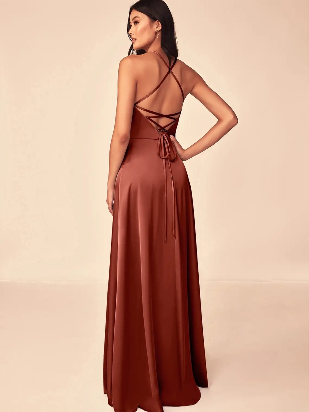 Azazie Satin Lace-Up Back Maxi Dress in Terracotta